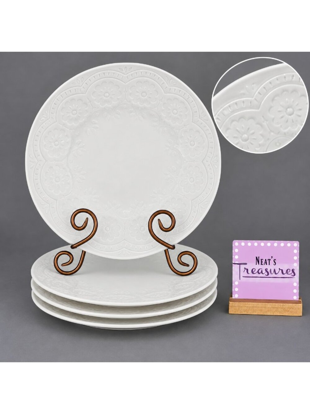 Gibson ALEMANY White Embossed Floral Vines Ceramic 10.75" Dinner Plates Set of 4